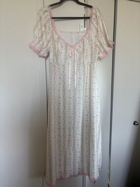 Cider Cream Midi Dress with Pink Floral Trim